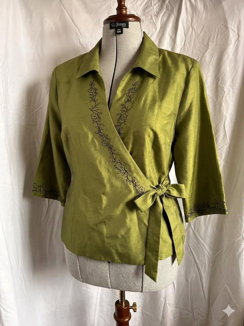Elegant dressbarn Olive Green Wrap Blouse with Floral Embroidery